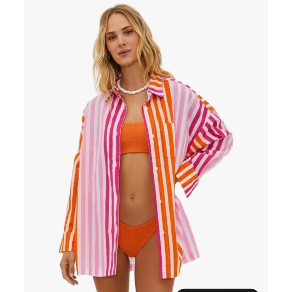 Beach Riot Alexa Cover Up Shirt Sunset Stripe Long Sleeve Button Up Top Sz LP